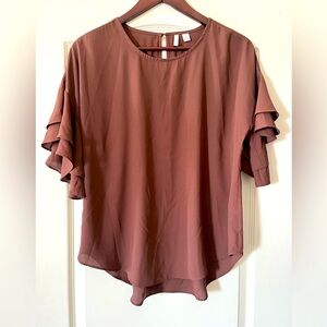 EST 1948 Rich Brown Polyester Ruffle Sleeve Blouse Women’s Size Small